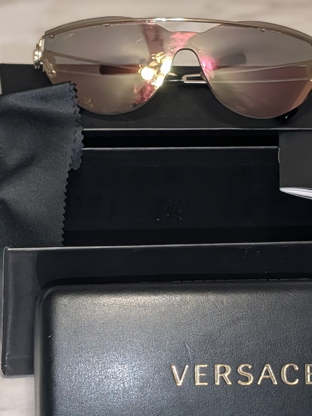 Versace Women’s Gold Rim Shield Sunglasses - Brown Gradient Lenses